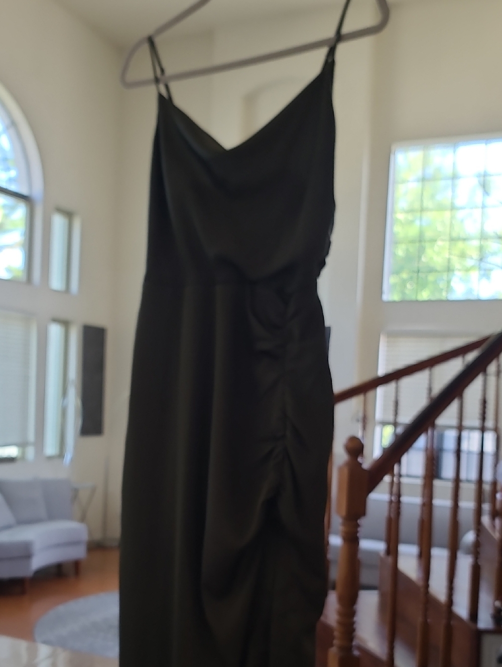 Classic Olive Green  Thin Strap Slip Dress with Side Ruching